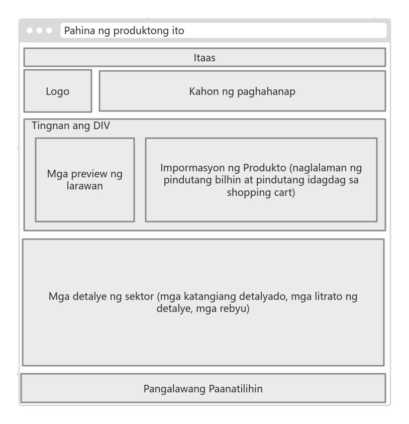 E-commerce na page ng produkto UI prototype diagram (web side)
