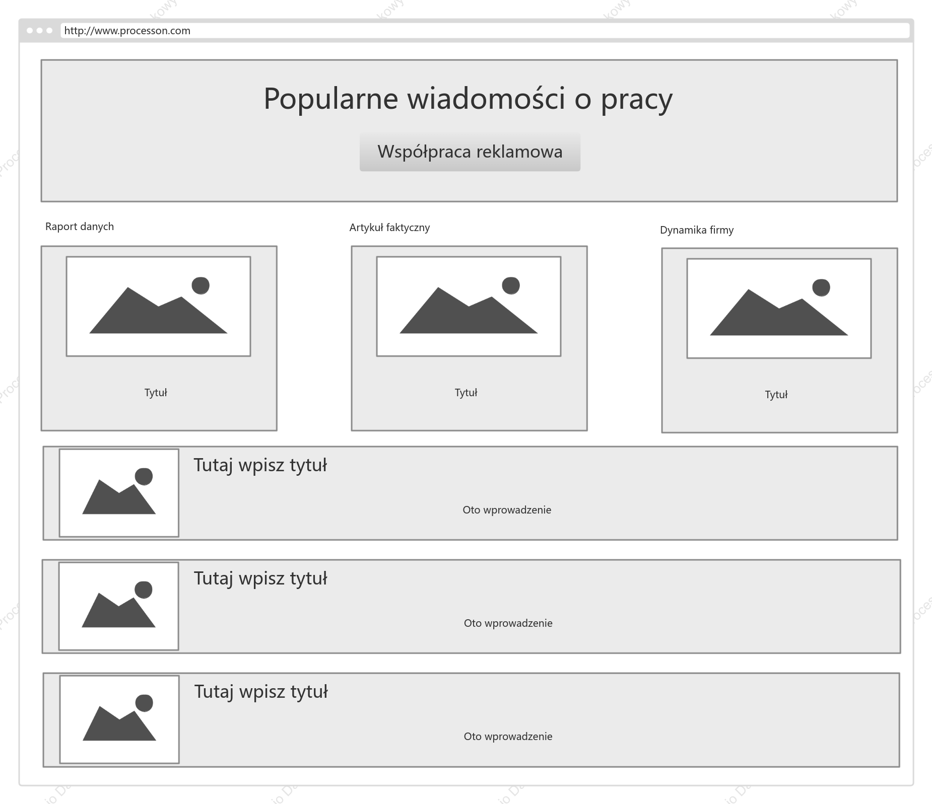 Schemat prototypu strony głównej witryny rekrutacyjnej