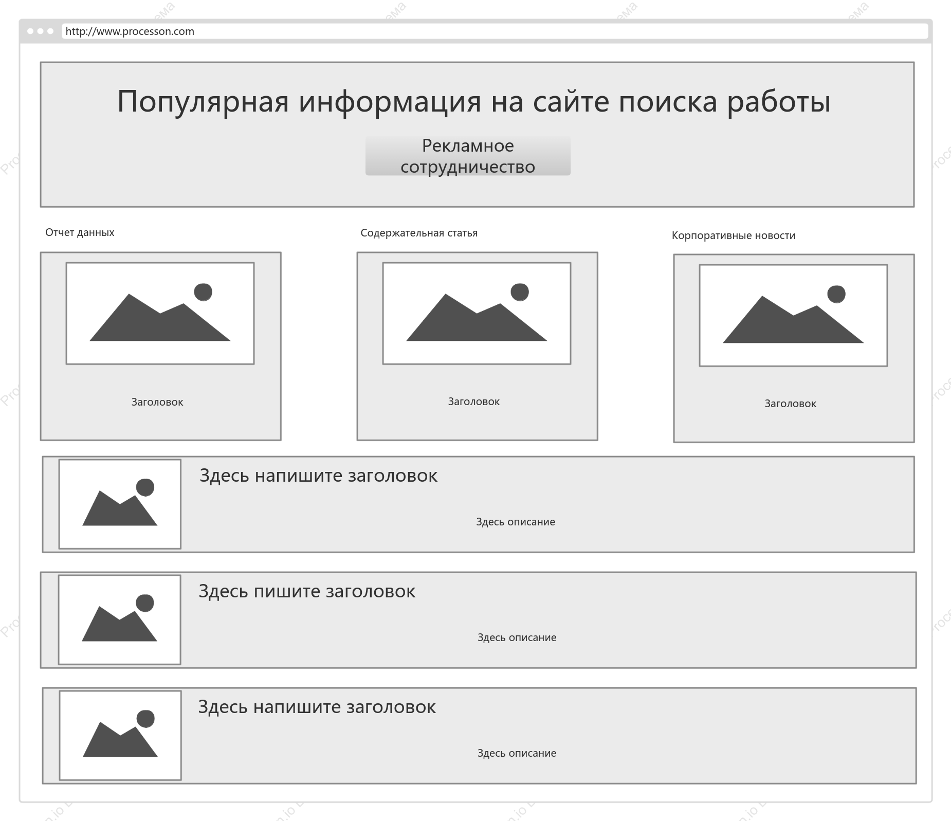 Схема прототипа домашней страницы сайта по подбору персонала