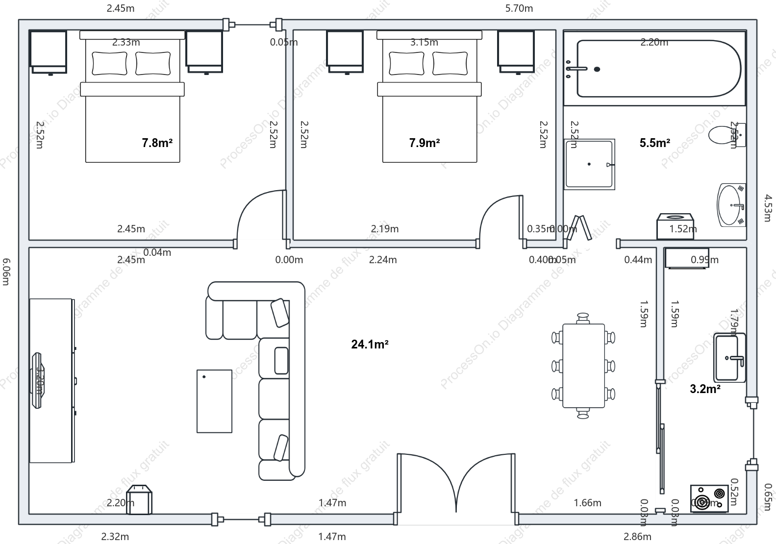 Plan simple de deux chambres et deux salons