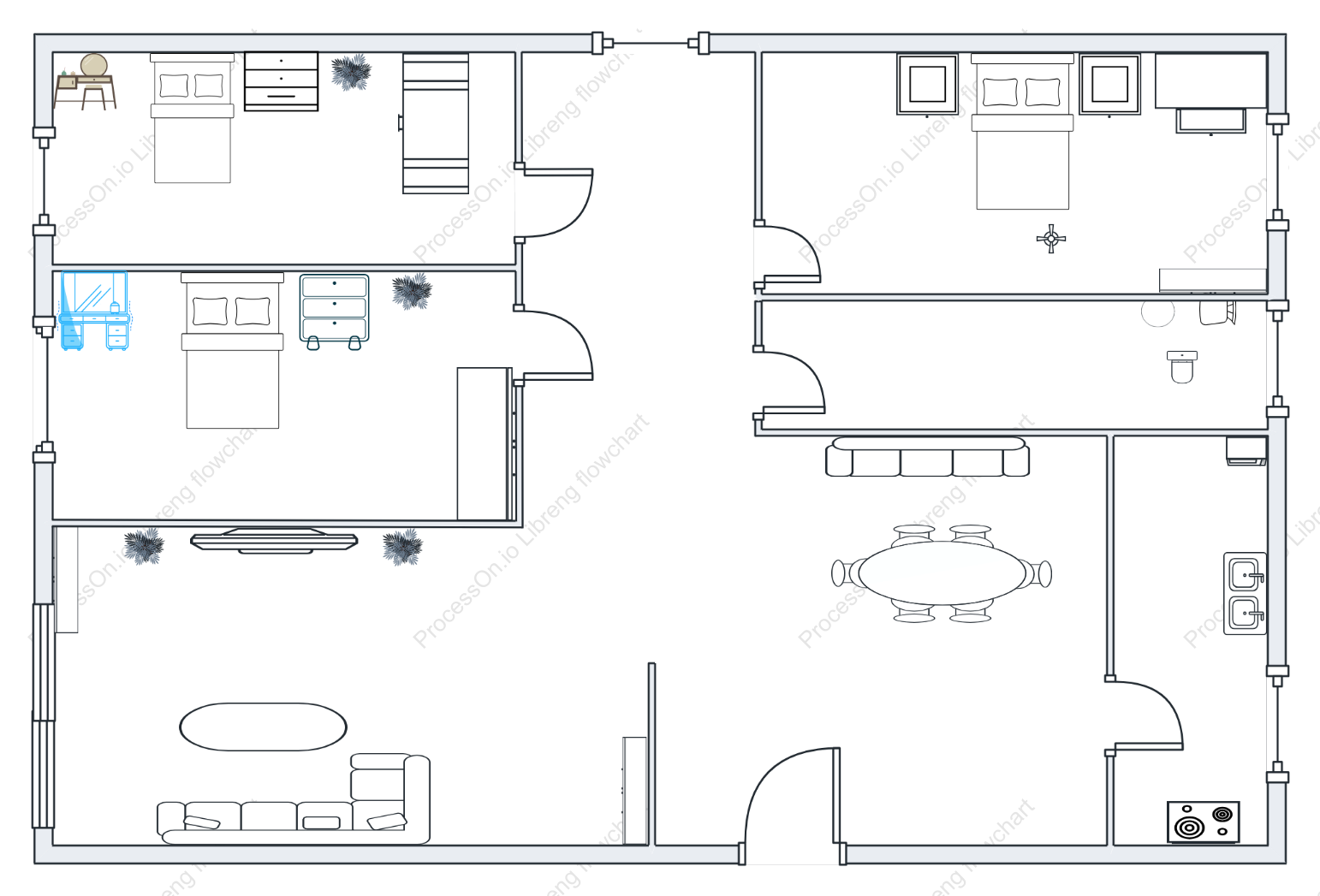 Simpleng floor plan ng tatlong kwarto at dalawang sala