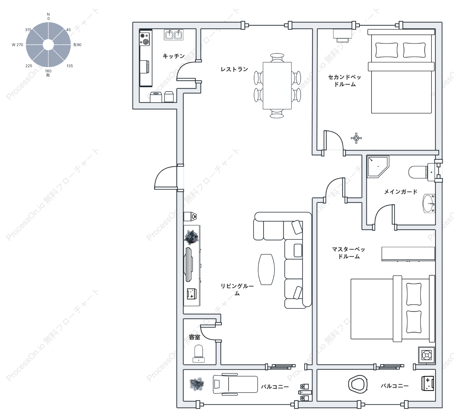シンプルな 2 ベッドルームの間取り図