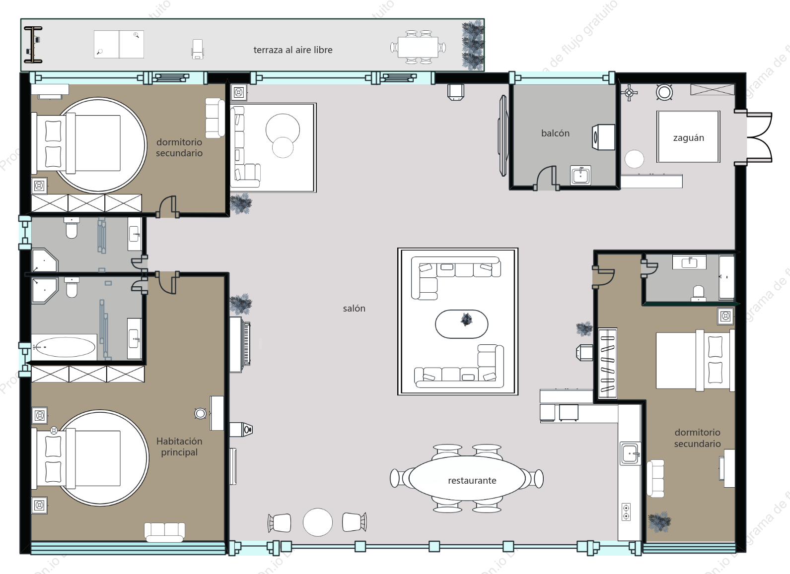 Plano de planta de un apartamento de tres habitaciones y un salón