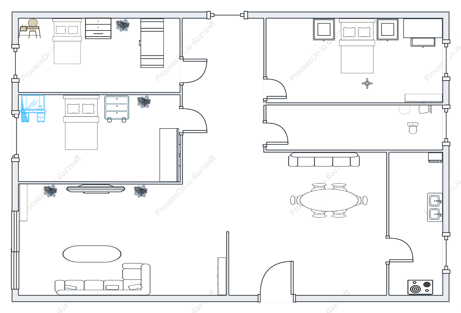 แผนห้องพักแบบสามห้องนอนและสองห้องนั่งเล่นที่เรียบง่าย