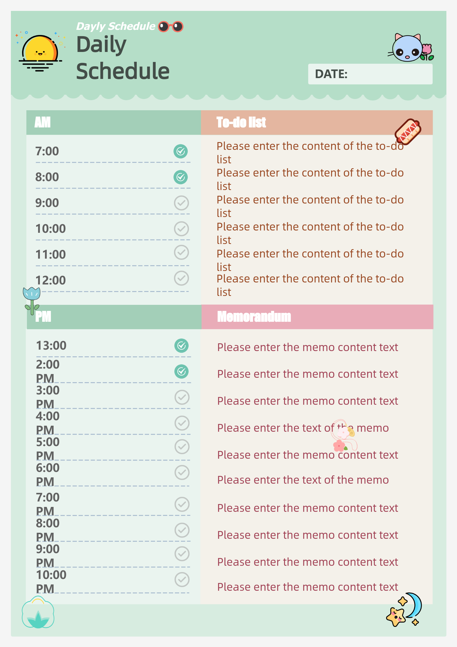 Daily planner template- cartoon style