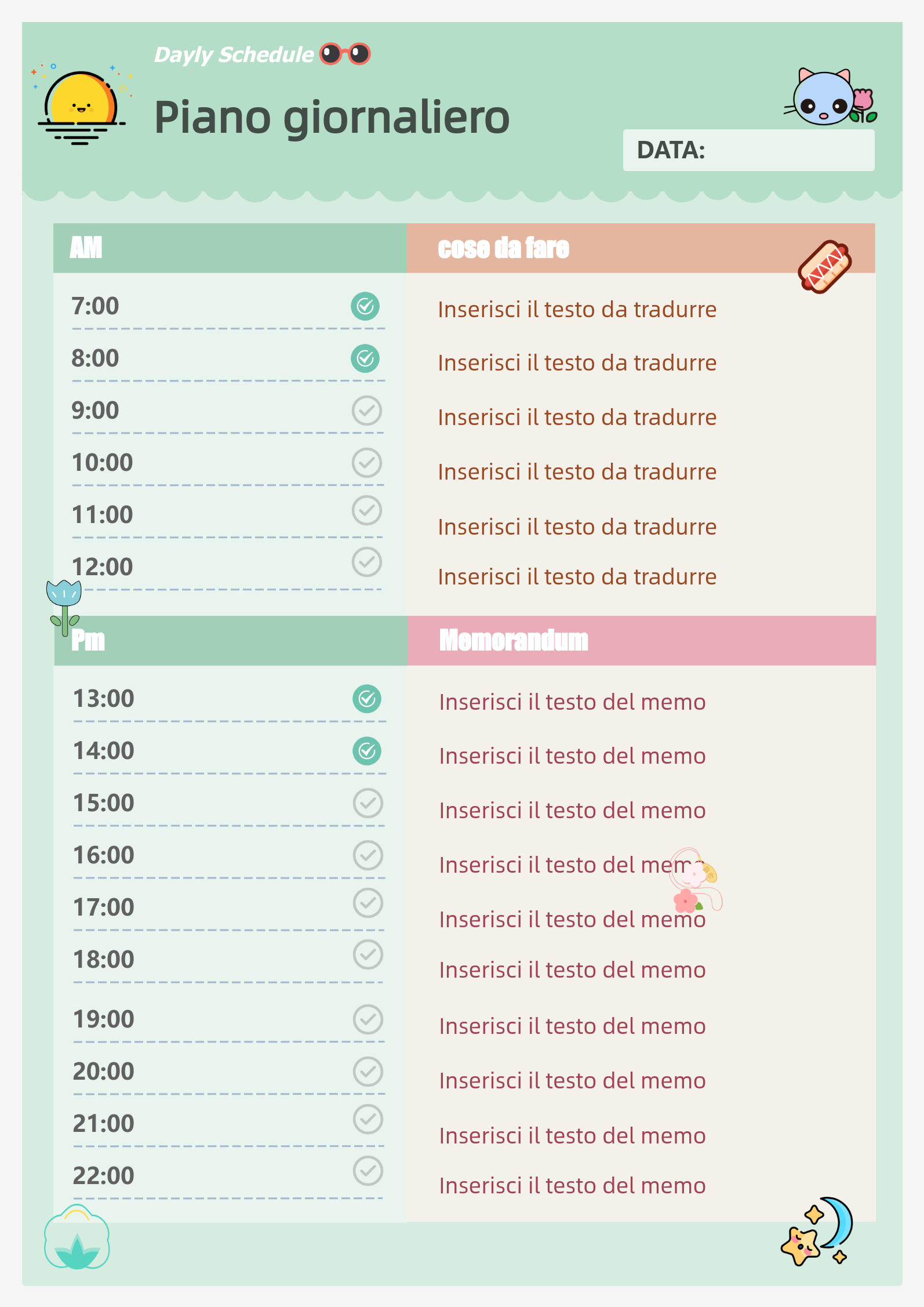 Modello di agenda giornaliera in stile cartone animato