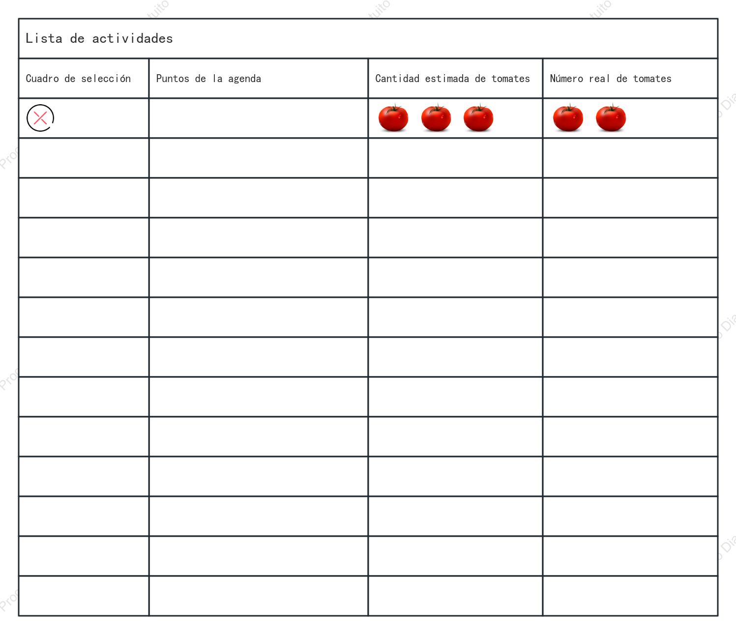 Formulario de lista de verificación de actividades de la técnica Pomodoro