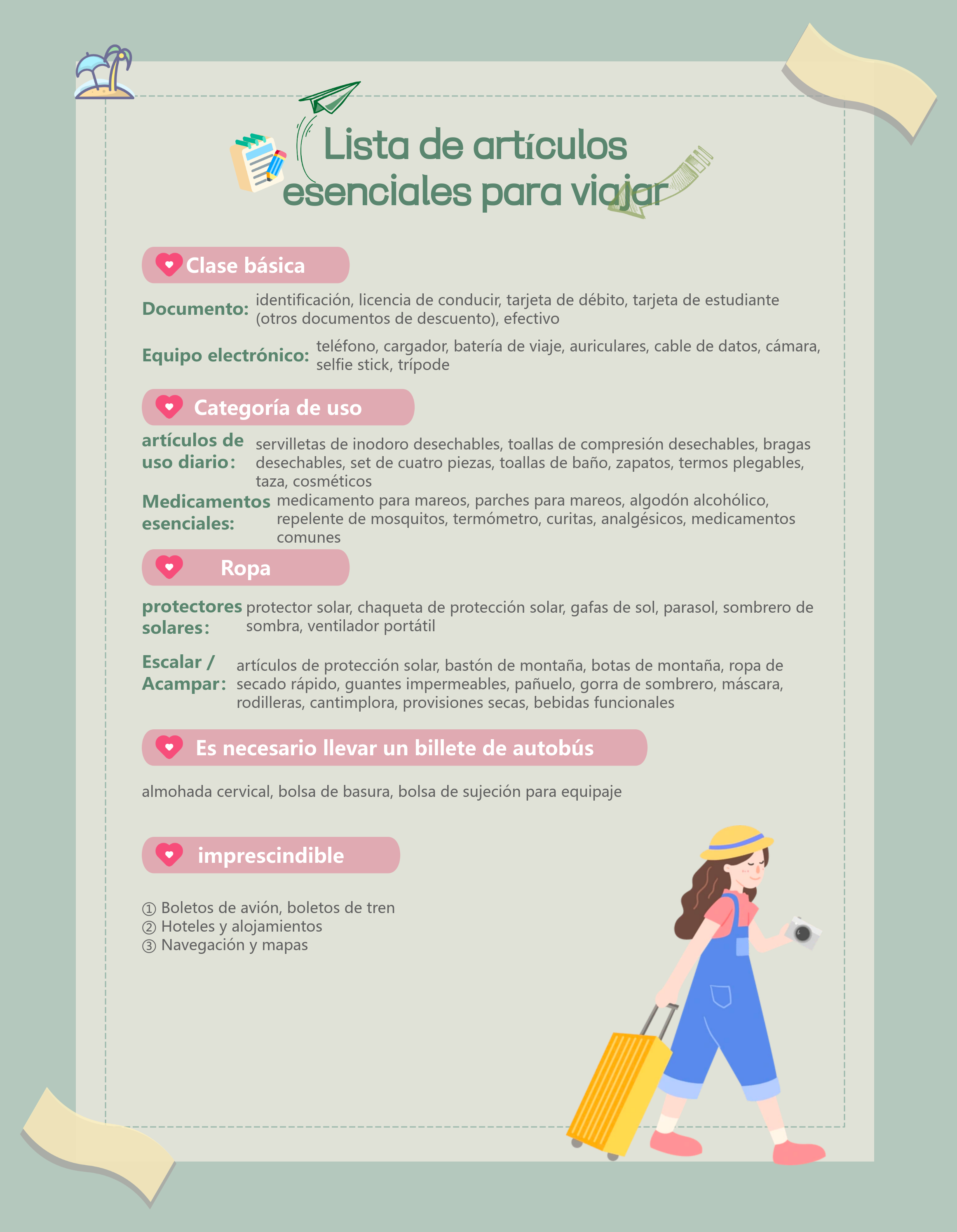 Lista de elementos esenciales para el viaje