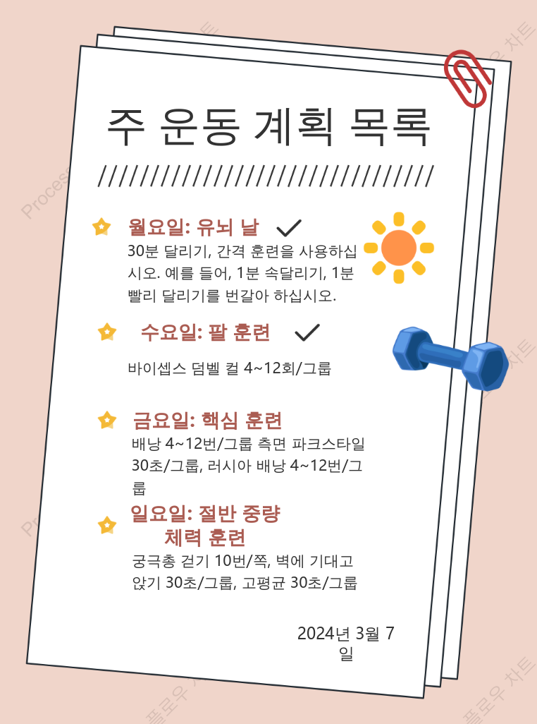 주간 피트니스 계획 목록