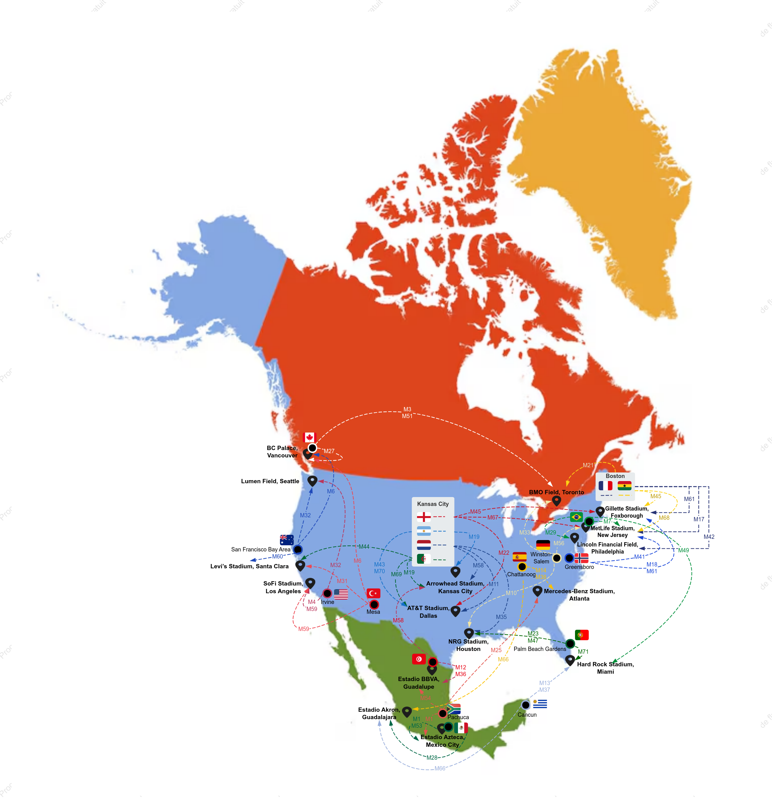 Carte des itinéraires entre les bases des équipes et les sites de match de la Coupe du Monde de la FIFA 2026